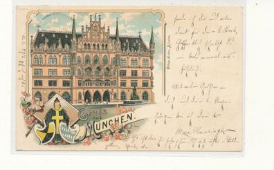 Lithographiekarte, Gruß aus München, gelaufen 1897 nach Nidda, siehe Bild. (47)
