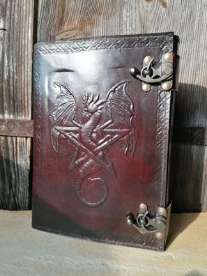 Buch der Schatten Pentagramm DRACHE Leder Messingbeschläge Hexenbuch Tagebuch