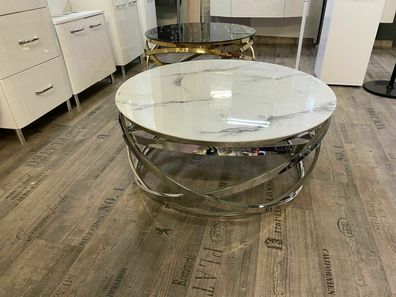Couchtisch, Wohnzimmertisch, Tisch Farbe Silber Marmor weiß Rund Ø 90 cm