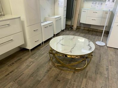 Couchtisch, Wohnzimmertisch, Tisch Farbe Gold Marmor weiß Rund Ø 90 cm