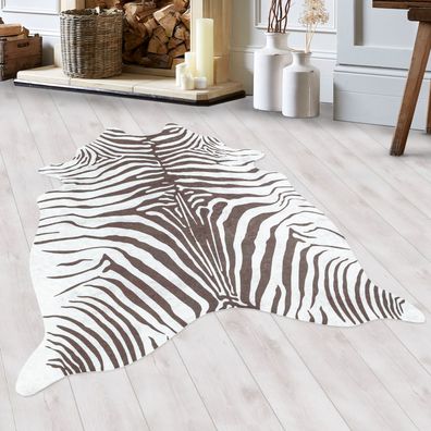Teppich Flachgewebe Waschbar Wohnzimmerteppich Robust Zebra Fell Muster Braun