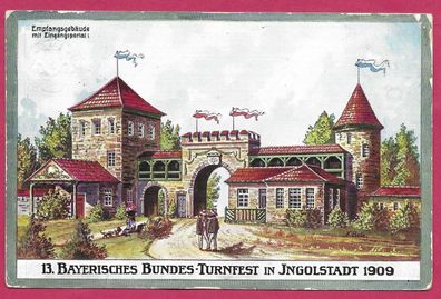 Postkarte zum 13. Bayerisches Bundes-Turfest in Ingolstadt 1909, gelaufen, s. B.