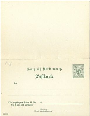 Württemberg Nr. P 38 F/ A, ungebraucht, siehe Bild.