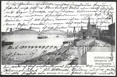 Postkarte Düsseldorf, Uferpartie mit Rheinbrücke, gelaufen, siehe Bild.