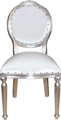 Casa Padrino Barock Medaillon Luxus Esszimmer Stuhl ohne Armlehnen in Weiss / Silber