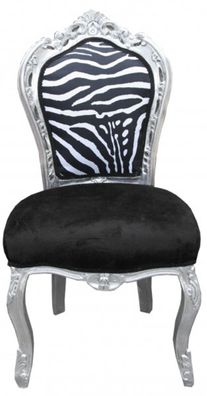 Casa Padrino Barock Esszimmer Stuhl Schwarz / Weiß / Silber ohne Armlehnen - Antik M