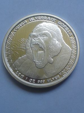 5000 Francs 2016 Kongo Gorilla Silverback Gorilla 1 Unze Silber 999 Congo