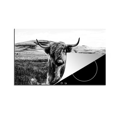 Herdabdeckplatte 78x52 cm Schwarz - Weiß - Schottischer Highlander - Gras