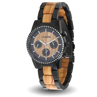 LAiMER Damen Oliven-Holz Armbanduhr Chronograph - 0135 Klara