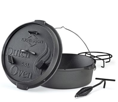 Küchenprofi Dutch Oven 5,5l 30cm BBQ Gusseisen Feuertopf Gusstopf Deckelheber