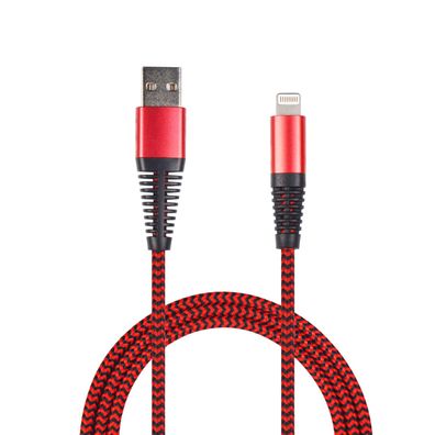 2Go 1m Daten-/ Ladekabel für Apple iPhone Nylon-Ummantelung & Metallstecker Rot