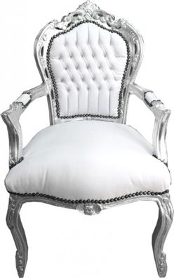 Casa Padrino Barock Esszimmer Stuhl mit Armlehnen Weiß / Silber Lederoptik - Möbel An