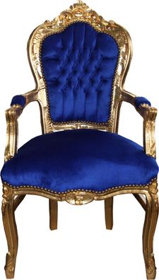 Casa Padrino Barock Esszimmerstuhl Blau / Gold mit Armlehnen - Stuhl - Barockstuhl -