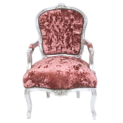 Casa Padrino Barock Salon Stuhl Bordeaux Velour Stoff / Silber - Antik Design Möbel