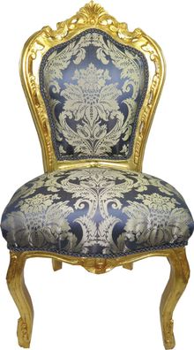 Casa Padrino Barock Esszimmer Stuhl Blau Muster / Gold - Antik Möbel