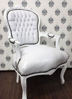 Casa Padrino Barock Salon Stuhl Weiß / Weiß Lederoptik - Möbel