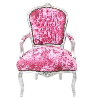 Casa Padrino Barock Salon Stuhl Pink Velour Stoff / Silber - Antik Design Möbel