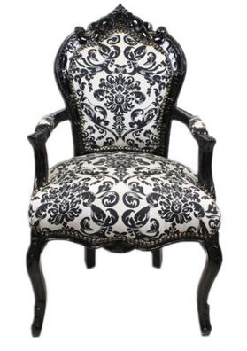 Casa Padrino Barock Esszimmer Stuhl Blumen Muster Schwarz / Weiß mit Armlehnen