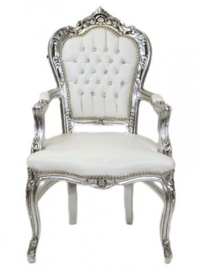Casa Padrino Barock Esszimmer Stuhl mit Armlehnen weiß / silber Lederoptik mit Bling