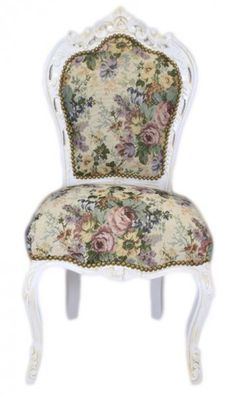 Casa Padrino Barock Esszimmer Stuhl Blumen Muster / Antik Weiss - Antik Stil Möbel