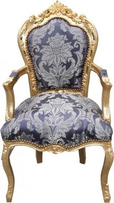 Casa Padrino Barock Esszimmer Stuhl Blau Muster / Gold mit Armlehnen - Limited Editio