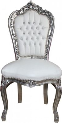 Casa Padrino Barock Esszimmer Stuhl Weiß/ Silber mit Bling Bling Glitzersteinen