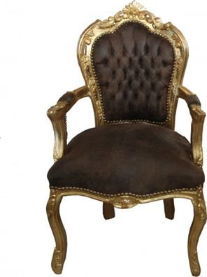 Casa Padrino Barock Esszimmer Stuhl mit Armlehnen Braun / Gold Lederoptik