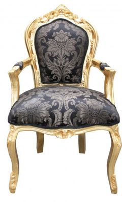 Casa Padrino Barock Esszimmer Stuhl Schwarz Muster / Gold mit Armlehnen - Möbel