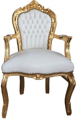 Casa Padrino Barock Esszimmer Stuhl mit Armlehnen Weiß / Gold Lederoptik