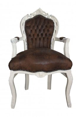 Casa Padrino Barock Esszimmer Stuhl mit Armlehnen Braun / Creme Lederoptik Antik Loo