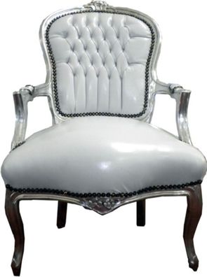 Casa Padrino Barock Salon Stuhl Weiß / Silber Lederoptik - Möbel Antik Stil