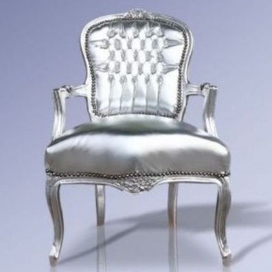 Casa Padrino Barock Salon Stuhl Silber Lederoptik / Silber - Möbel Antik Stil