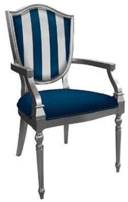 Casa Padrino Art Deco Esszimmerstuhl Blau / Silber - Gestreifter Massivholz Stuhl mit