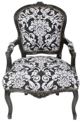 Casa Padrino Barock Salon Stuhl mit Armlehnen und elegantem Muster Schwarz / Weiß 60