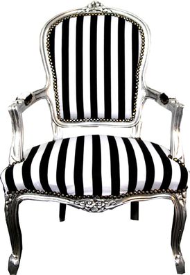 Casa Padrino Barock Salon Stuhl Schwarz / Weiß Streifen / Silber - Möbel gestreift