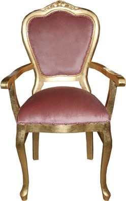 Casa Padrino Barock Luxus Esszimmer Stuhl mit Armlehnen Rosa/ Gold - Limited Edition