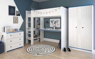 Kinderzimmer Möbel Set 3-tlg mit Hochbett Kleiderschrank und Kommode Parisot Smoozy