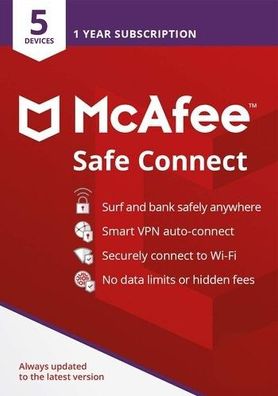 McAfee Safe Connect VPN|5 Geräte|1 Jahr stets aktuell|kein Abo|eMail|ESD