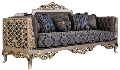 Casa Padrino Luxus Barock Sofa mit dekorativen Kissen Blau / Silber / Gold 226 x 90 x