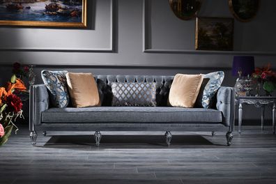 Casa Padrino Luxus Barock Chesterfield Sofa Blau / Silber 250 x 92 x H. 85 cm - Wohnz