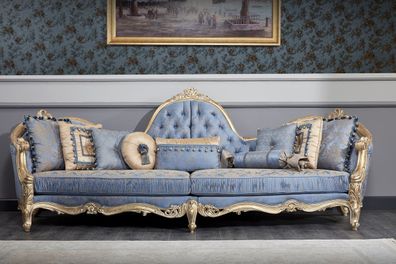 Casa Padrino Luxus Barock Chesterfield Sofa Hellblau / Antik Gold 300 x 90
