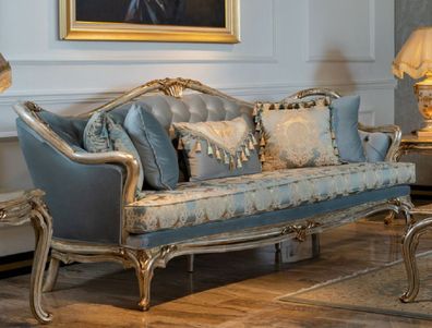 Casa Padrino Luxus Barock Sofa Hellblau / Silber / Gold - Handgefertigtes Wohnzimmer