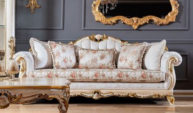 Casa Padrino Luxus Barock Sofa Weiß / Beige / Gold - Prunkvolles Wohnzimmer Sofa mit