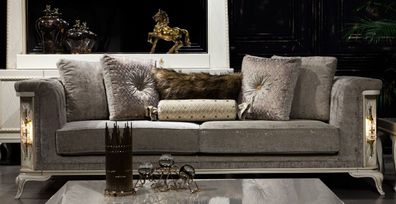 Casa Padrino Luxus Barock Sofa Grau / Weiß / Gold - Beleuchtetes Wohnzimmer Sofa im B