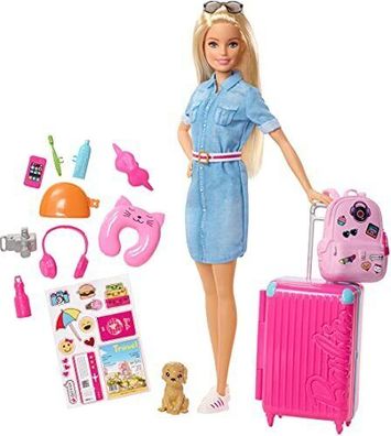 Barbie FWV25 Barbie Travel Puppe Hündchen Koffer Stickern Accessoires Spielzeug