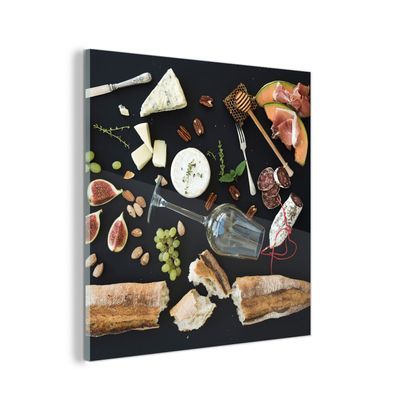 Glasbild Glasfoto Wandbild 50x50 cm Wein - Obst - Käse (Gr. 50x50 cm)