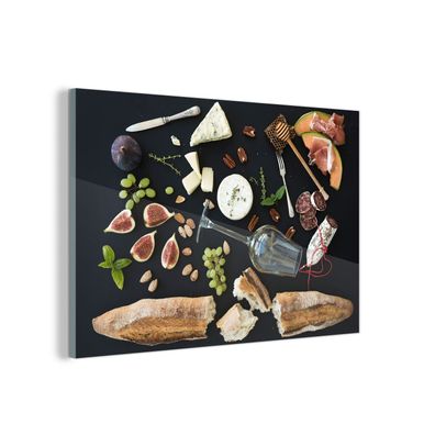 Glasbild Glasfoto Wandbild 90x60 cm Wein - Obst - Käse (Gr. 90x60 cm)