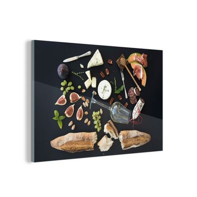 Glasbild Glasfoto Wandbild 150x100 cm Wein - Obst - Käse (Gr. 150x100 cm)