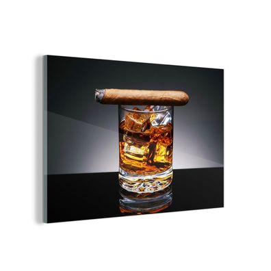 Glasbild Glasfoto Wandbild 60x40 cm Whiskey - Zigarre - Glas (Gr. 60x40 cm)