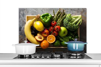 Spritzschutz Küchenrückwand - 90x60 cm Kiste - Obst - Regenbogen (Gr. 90x60 cm)